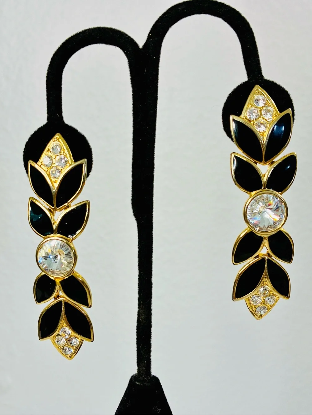 Bisjoux N.Y. Designs Gold-Tone Black Leaf Drop Clip Earrings w/ Clear Crystals